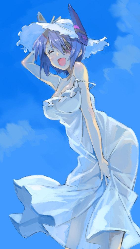 :d alternate_costume blue breasts closed_eyes dress eyepatch hat headgear kantai_collection large_breasts nonco open_mouth panties see-through_silhouette short_hair sketch smile solo strap_slip sun_hat sundress tenryuu_(kantai_collection) underwear white_panties