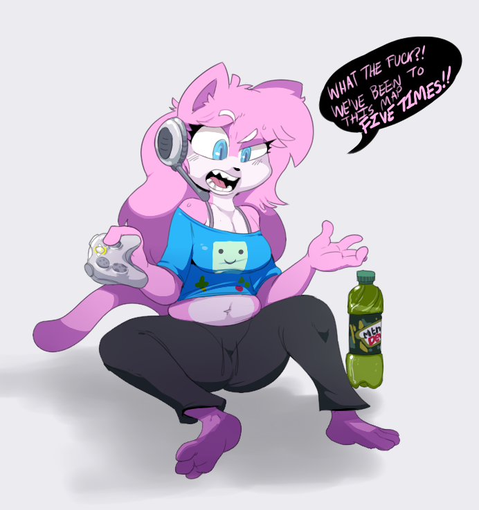 adventure_time aeris(vg_cats) aeris_(vg_cats) barefoot blue_eyes bmo breasts cat chubby clothing controller english_text feline female fur hair headset hindpaw mammal microsoft mountain_dew paws pink_fur pink_hair plain_background sitting soda solo teeth text vg_cats video_games white_background word_bubble xbox