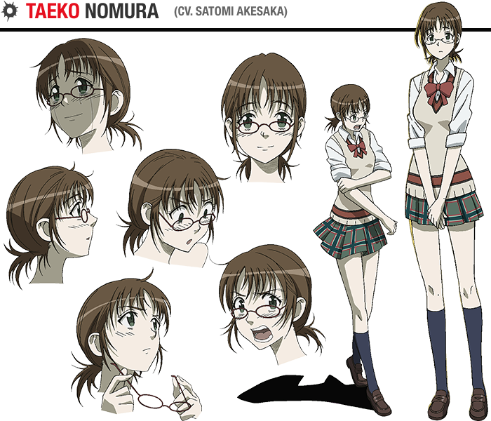 blue_legwear bow bowtie brown_hair character_name character_sheet coppelion crying crying_with_eyes_open expressions full_body glasses green_eyes green_skirt kneehighs loafers miniskirt multiple_views nomura_taeko official_art pale_skin plaid plaid_skirt pleated_skirt red-framed_eyewear school_uniform shoes short_ponytail skirt sleeves_rolled_up smile sweater_vest tears transparent_background