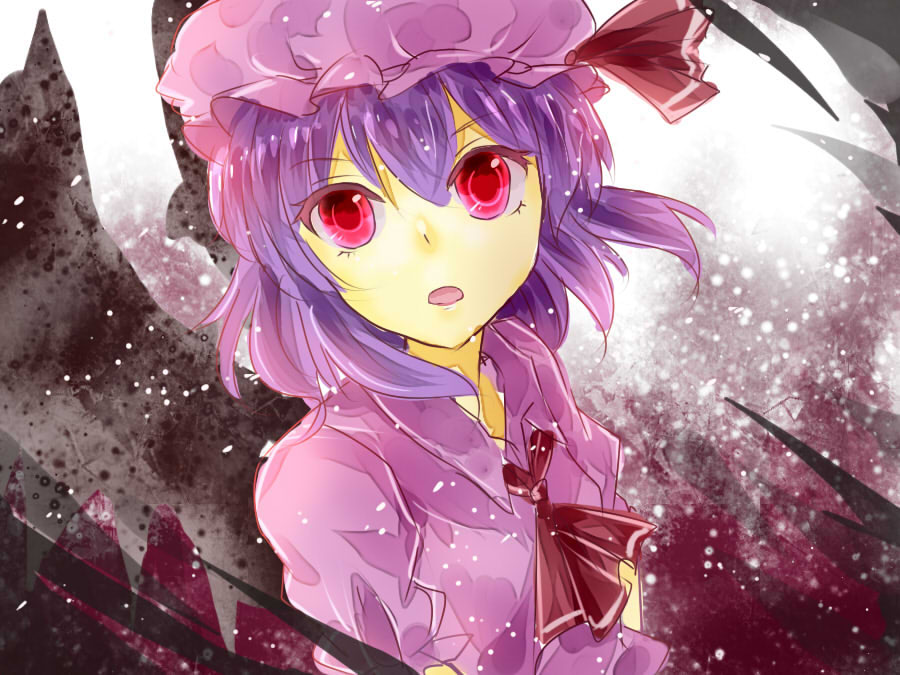 bad_id bad_pixiv_id dress hat itsumizu light_particles looking_at_viewer purple_dress purple_hair red_eyes remilia_scarlet simple_background solo touhou wings
