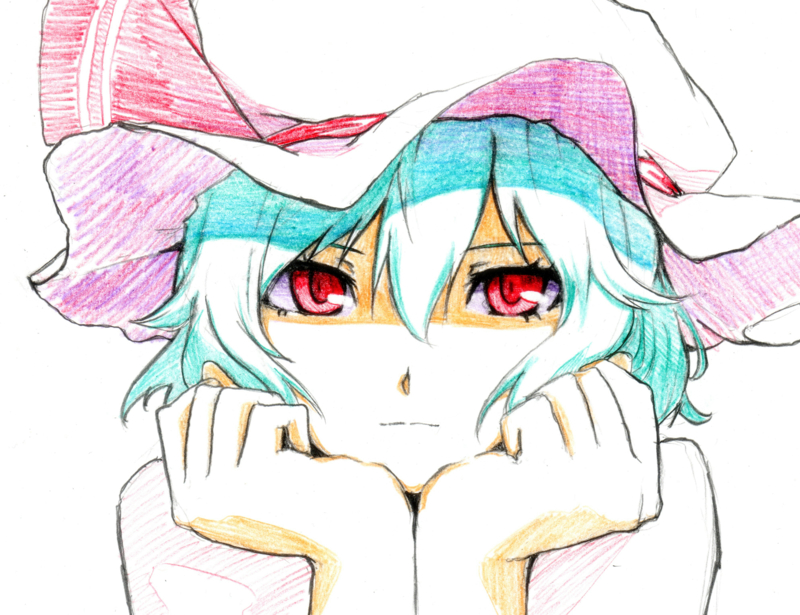 bad_id bad_pixiv_id blue_hair chin_rest clenched_hands close-up colored_pencil_(medium) expressionless face hands_on_own_cheeks hands_on_own_face hat hat_ribbon looking_at_viewer mob_cap red_eyes remilia_scarlet ribbon shaded_face shiratama_(hockey) short_hair simple_background solo touhou traditional_media white_background