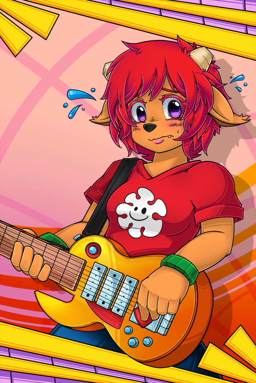 clothing crankyconstruct guitar hair horn lammy_lamb looking_at_viewer parappa_the_rapper purple_eyes red_hair um_jammer_lammy wristband