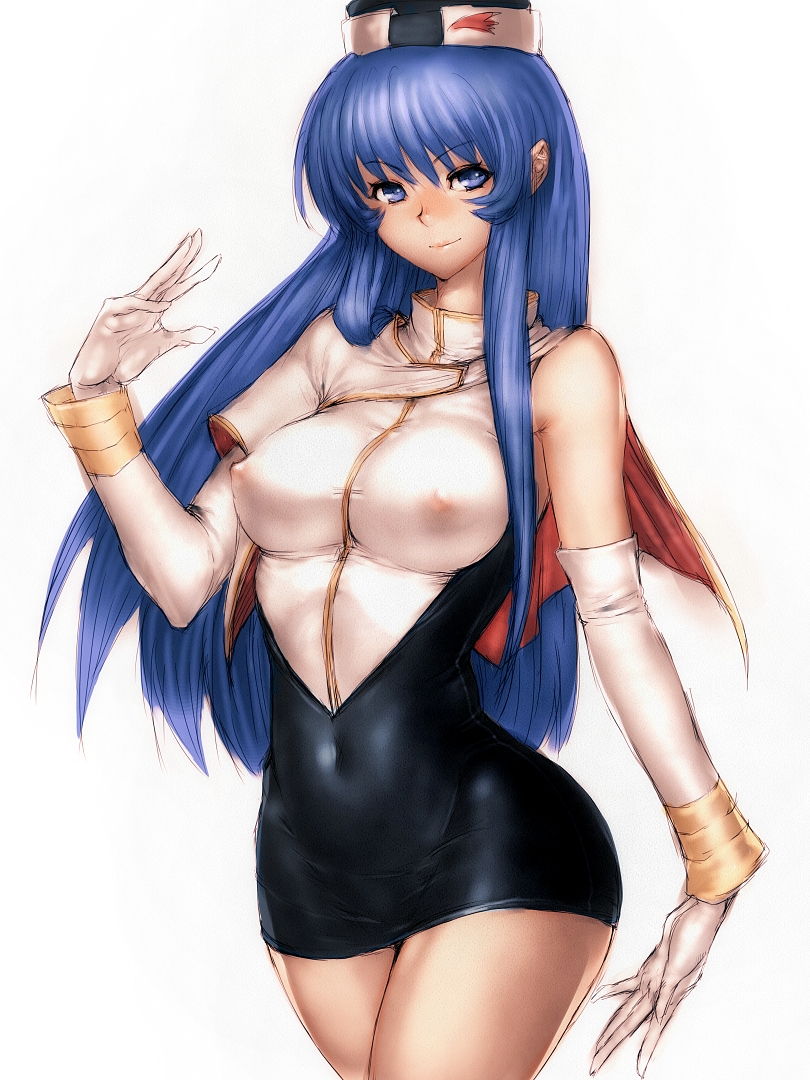 bare_legs bare_shoulders blue_eyes blue_hair breasts covered_navel covered_nipples elbow_gloves fumio_(rsqkr) gloves hat kidou_senkan_nadesico large_breasts light_smile long_hair looking_at_viewer misumaru_yurika no_legwear simple_background skirt smile solo thighs white_background wide_hips