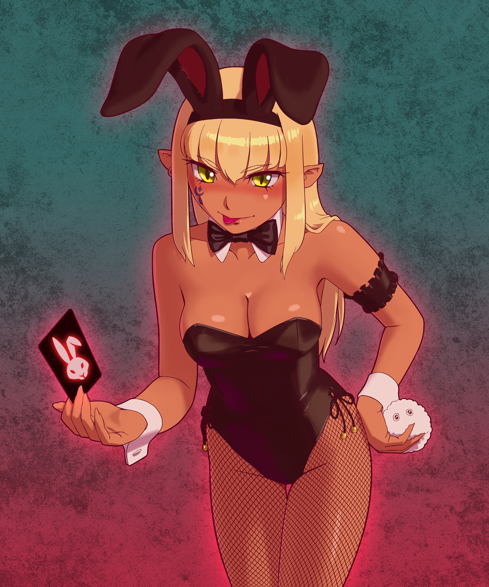 animal_ears arm_garter blonde_hair bow bowtie breasts bunny_ears bunnysuit card cleavage dark_skin detached_collar fishnet_pantyhose fishnets fukusuke_hachi-gou highres large_breasts leaning_forward long_hair original pantyhose pointy_ears revision tail wrist_cuffs yellow_eyes