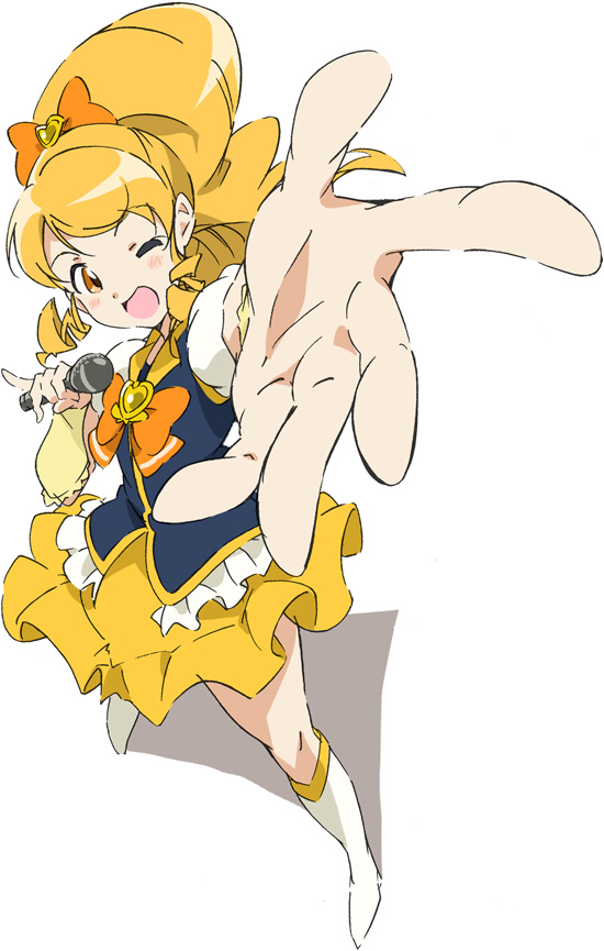 ;d blonde_hair boots bow bowtie brooch cure_honey foreshortening full_body hair_bow happinesscharge_precure! jewelry knee_boots long_hair magical_girl microphone one_eye_closed oomori_yuuko open_mouth orange_eyes outstretched_hand ponytail precure skirt smile solo standing umanosuke white_background wide_ponytail yellow yellow_skirt