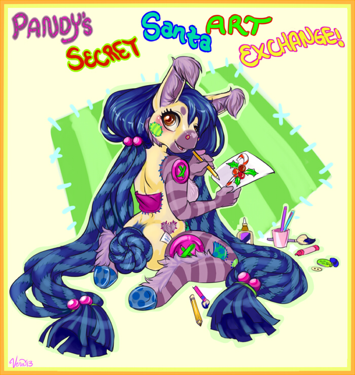 blue_hair button donkey drawing ear_tuft equine female fur hair hair_bobbles happy hooves long_hair looking_at_viewer looking_back mammal nude paintbrush patchwork pencil sitting smile solo stitches tuft vera yellow_fur