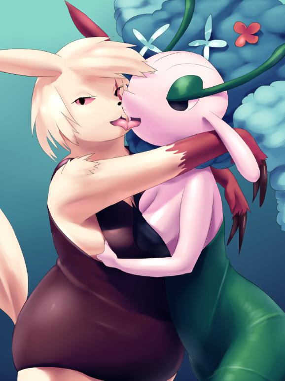 anthro anthrofied breast_grab breast_squish breasts chubby female flora_fauna florges kissing lesbian looking_at_viewer nintendo pienji pok&eacute;mon red_eyes tongue tongue_out video_games zangoose