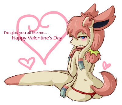 &lt;3 anthro anthrofied blue_eyes blush bow canine eeveelution english_text fur gamefreak holidays looking_at_viewer mammal nintendo panties pok&eacute;mon pok&eacute;morph ribbons solo sylveon takame text underwear valentine's_day video_games white_fur