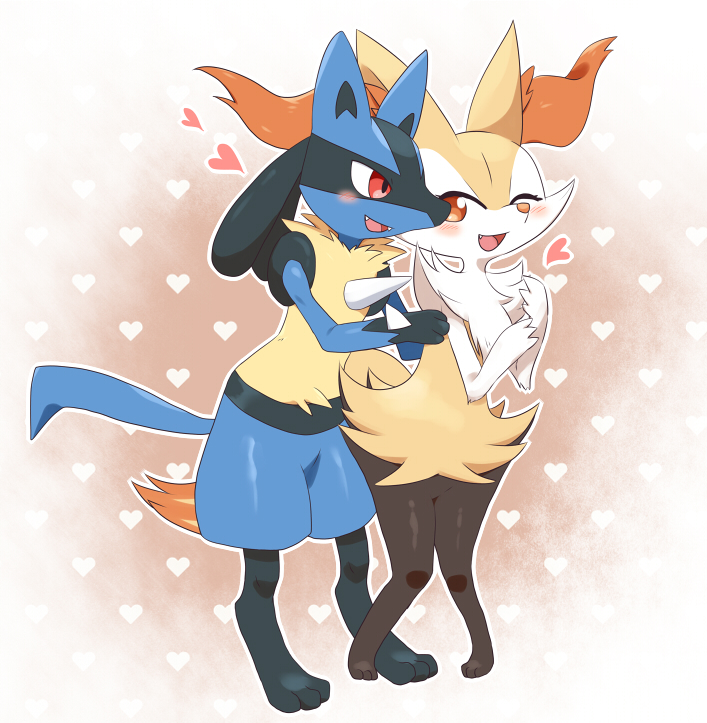 blush braixen couple fur heart hearts highres hug hug_from_behind lucario nintendo nmbit no_humans pixiv_manga_sample pokemon pokemon_(game)
