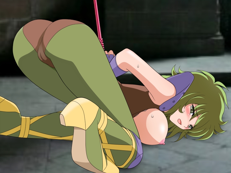 1girl areolae arms_behind_back ass bdsm bent_over blush bondage bound breasts breasts_outside cameltoe feet green_eyes green_hair high_heels large_breasts legs looking_back nipples open_mouth ophiuchus_shaina rope saint_seiya short_hair shoulder_pads solo sweat thighs tied_up yuruchu