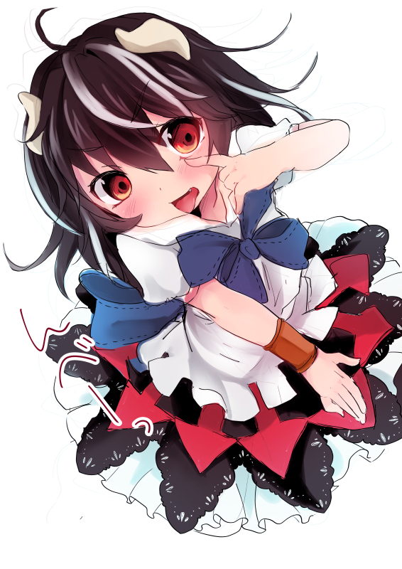 bow bracelet brown_hair dress fang horns jewelry kedama_milk kijin_seija looking_at_viewer multicolored multicolored_clothes multicolored_dress puffy_sleeves red_eyes short_sleeves solo tongue tongue_out touhou