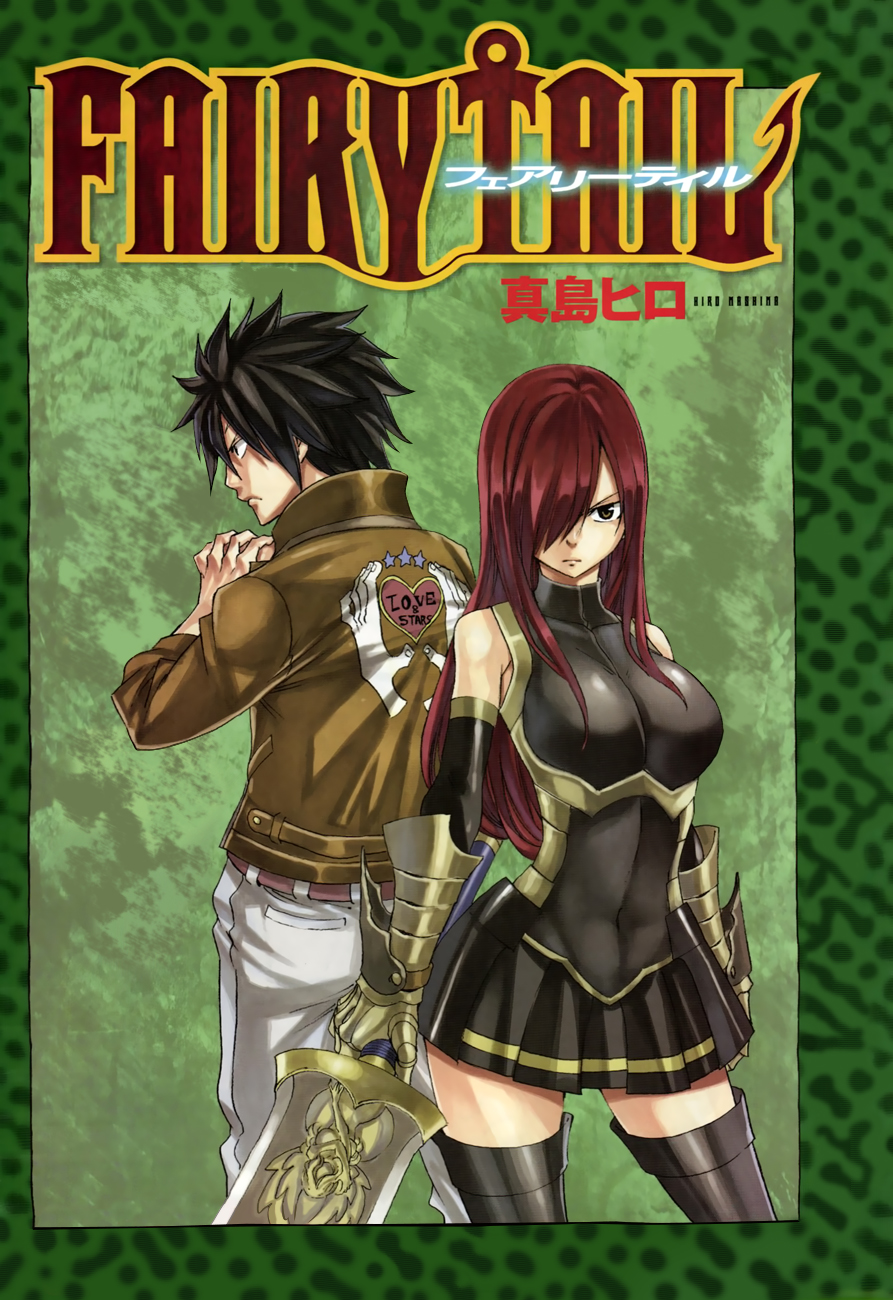 1boy 1girl armor breasts erza_scarlet fairy_tail from_behind gray_fullbuster hair_over_one_eye jacket large_breasts mashima_hiro official_art see-through thighs