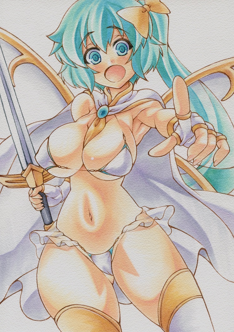 alternate_costume aqua_eyes aqua_hair armpits between_breasts bikini bow breasts brooch cape cleavage colored_pencil_(medium) daiyousei fairy_wings fingerless_gloves gloves hair_bow jewelry large_breasts long_hair looking_at_viewer marker_(medium) micro_bikini millipen_(medium) navel necktie necktie_between_breasts open_mouth pointing pointing_at_viewer side_ponytail simple_background solo swimsuit sword thighhighs touhou traditional_media underwater very_long_hair weapon white_background white_bikini white_gloves white_legwear wings yutakasan-love