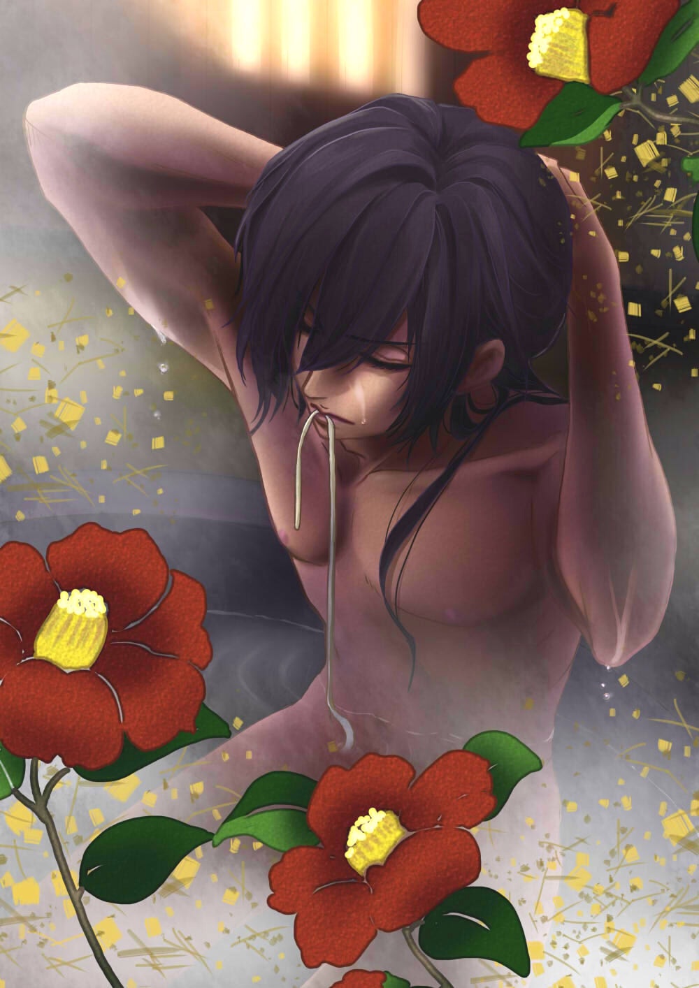1boy adjusting_hair bath censored convenient_censoring flower hakuouki_shinsengumi_kitan male male_focus nude saitou_hajime_(hakuouki) shared_bathing water