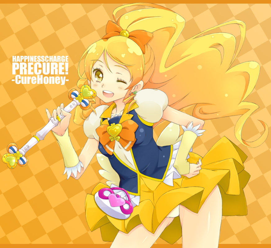 blonde_hair bow bowtie brooch character_name checkered checkered_background copyright_name cure_honey hair_bow hand_on_hip happinesscharge_precure! heart jewelry kannagi_kaname long_hair magical_girl one_eye_closed oomori_yuuko orange_background panties pantyshot ponytail precure skirt smile solo underwear wand white_panties wide_ponytail yellow_eyes yellow_skirt