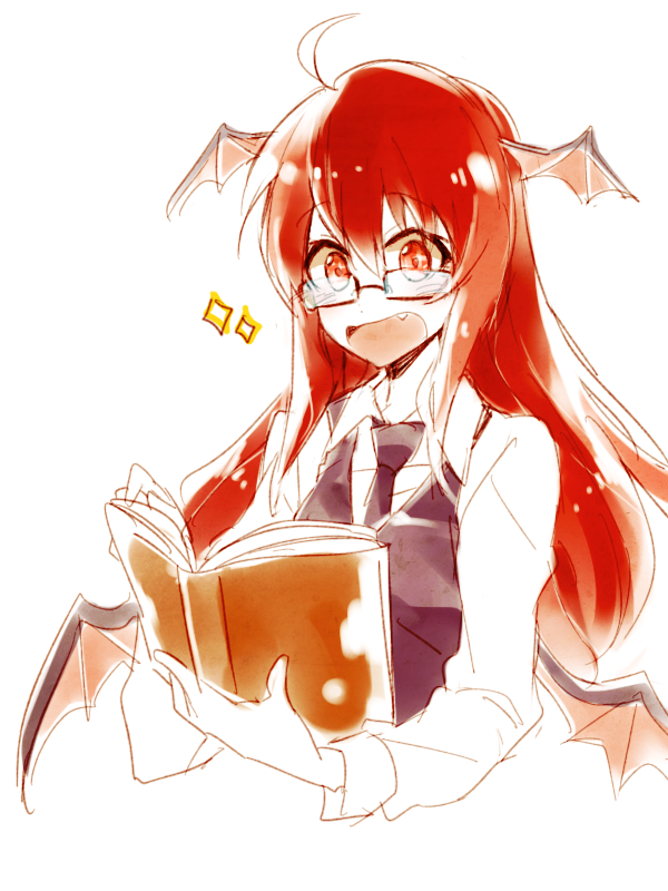 :d ahoge bat_wings bespectacled book fang glasses happy head_wings koakuma long_hair low_wings open_book open_mouth reading red_eyes red_hair semi-rimless_eyewear simple_background six_(fnrptal1010) smile solo sparkle touhou under-rim_eyewear upper_body white_background wings