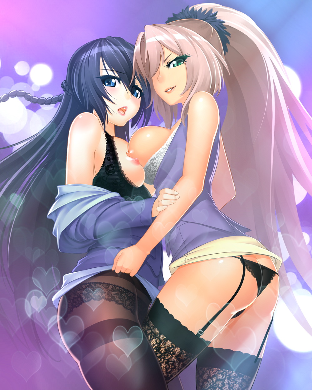 anesha ar_tonelico ass bare_shoulders black_legwear blue_eyes blue_hair body_blush bra braid breast_press breast_slip breasts cross_edge flat_ass garter_straps hair_over_one_eye highres lace lace-trimmed_bra lace-trimmed_panties lace-trimmed_thighhighs large_breasts legs lingerie looking_at_viewer looking_back lucknight misha_arsellec_lune multiple_girls naughty_face off_shoulder one_breast_out open_mouth panties panties_under_pantyhose pantyhose parted_lips ponytail shiny shiny_skin skirt skirt_lift smile symmetrical_docking thighband_pantyhose thighhighs thighs underwear
