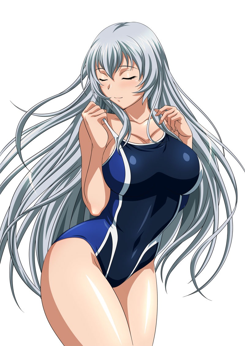 breasts chouun_shiryuu cleavage closed_eyes collarbone competition_swimsuit covered_navel groin ikkitousen large_breasts long_hair one-piece_swimsuit sideboob silver_hair simple_background solo swimsuit white_background