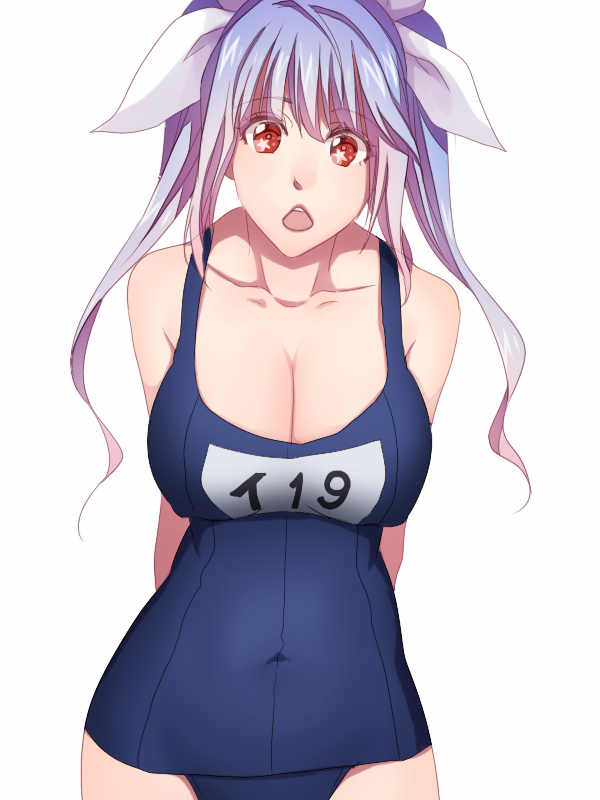 arms_behind_back bad_id bad_pixiv_id blue_hair breasts cleavage gradient_hair i-19_(kantai_collection) kantai_collection large_breasts long_hair looking_at_viewer meron multicolored_hair one-piece_swimsuit open_mouth pink_hair red_eyes school_swimsuit simple_background solo star star-shaped_pupils swimsuit symbol-shaped_pupils twintails white_background
