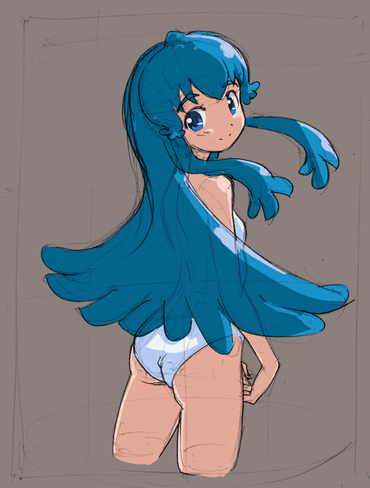 blue_eyes blue_hair happinesscharge_precure! long_hair looking_at_viewer looking_back one-piece_swimsuit precure rohitsuka school_swimsuit shirayuki_hime sketch smile solo swimsuit white_school_swimsuit white_swimsuit