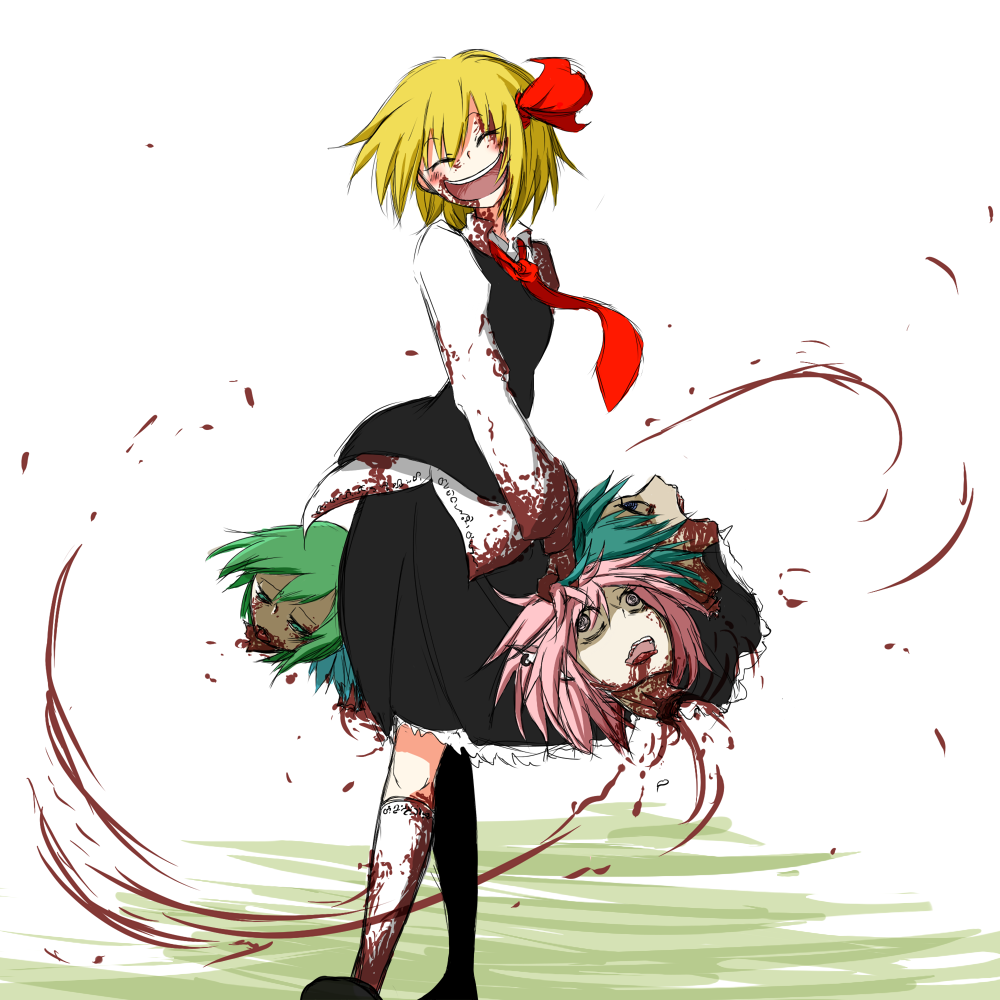 :d ^_^ ^o^ black_skirt blonde_hair blood blood_on_face blood_on_fingers bloody_clothes bloody_hands blouse blue_eyes blue_hair cirno closed_eyes daiyousei frilled_skirt frills green_eyes green_hair guro hair_ribbon happy head looking_at_viewer multiple_girls mystia_lorelei necktie noumen open_mouth pink_hair ribbon rumia severed_head shirt shoes short_hair skirt smile standing team_9 touhou vest white_shirt wriggle_nightbug