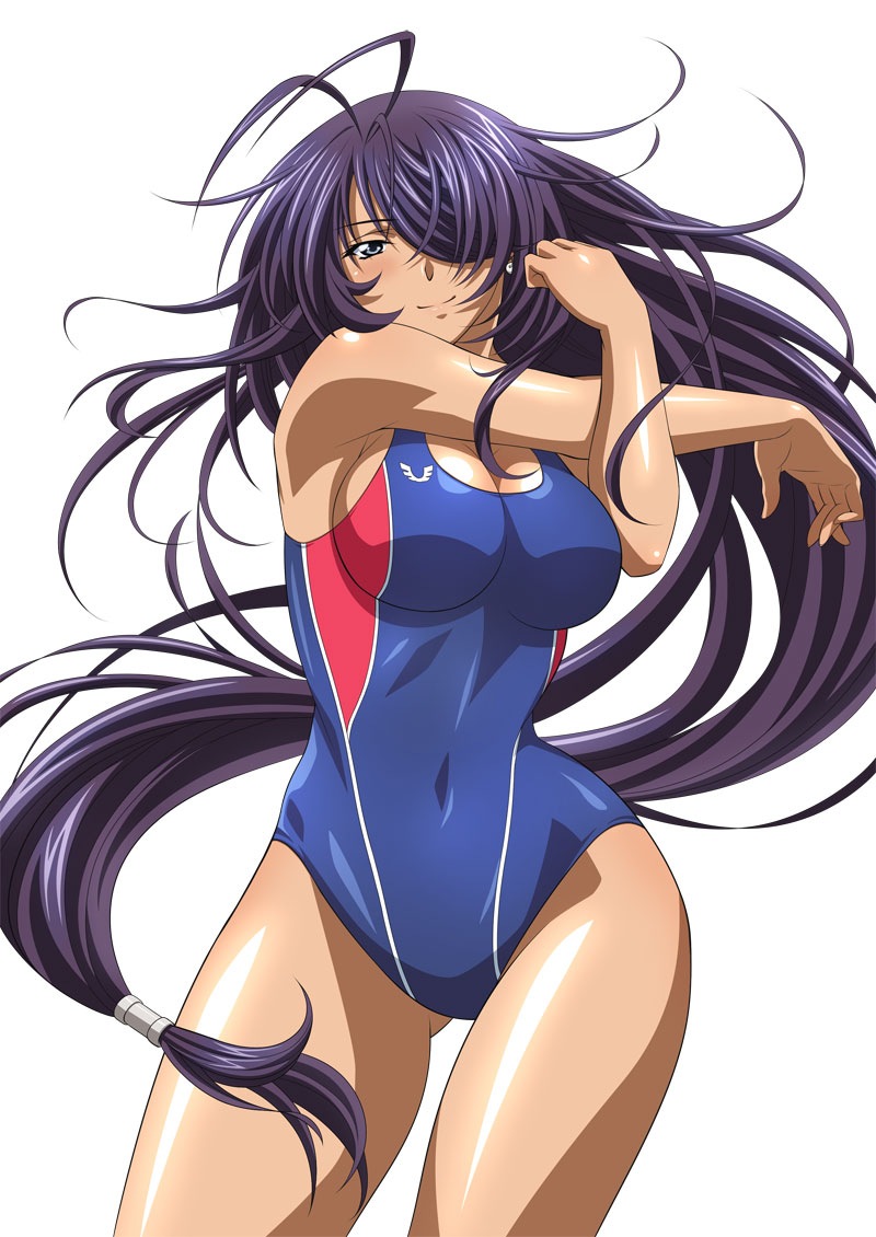 1girl blue_eyes breasts ikkitousen kan'u_unchou kanu_unchou large_breasts long_hair official_art purple_hair smile solo standing swimsuit