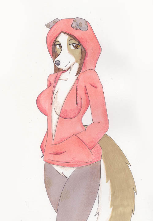 breasts brown_eyes brown_hair canine female hair hoodie looking_at_viewer mammal partially_clothed plain_background pussy solo standing white_background whitearabmare zipper