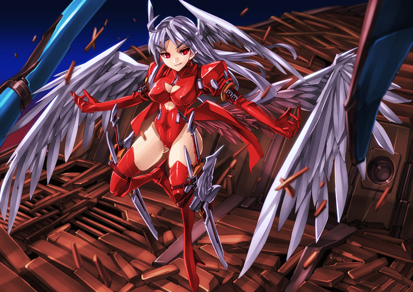 ahoge angel_wings bad_id bad_pixiv_id blurry blush boots breasts buckle cleavage cleavage_cutout debris depth_of_field final_fantasy final_fantasy_tactics flying full_body g.haruka gloves gradient grin head_wings high_heel_boots high_heels holster leg_up leotard long_hair looking_to_the_side medium_breasts outstretched_arms red_eyes red_footwear red_legwear red_leotard silver_hair slit_pupils smile solo spread_arms sword thigh_boots thigh_holster thigh_strap thighhighs turtleneck ultima_(fft) weapon white_hair wings