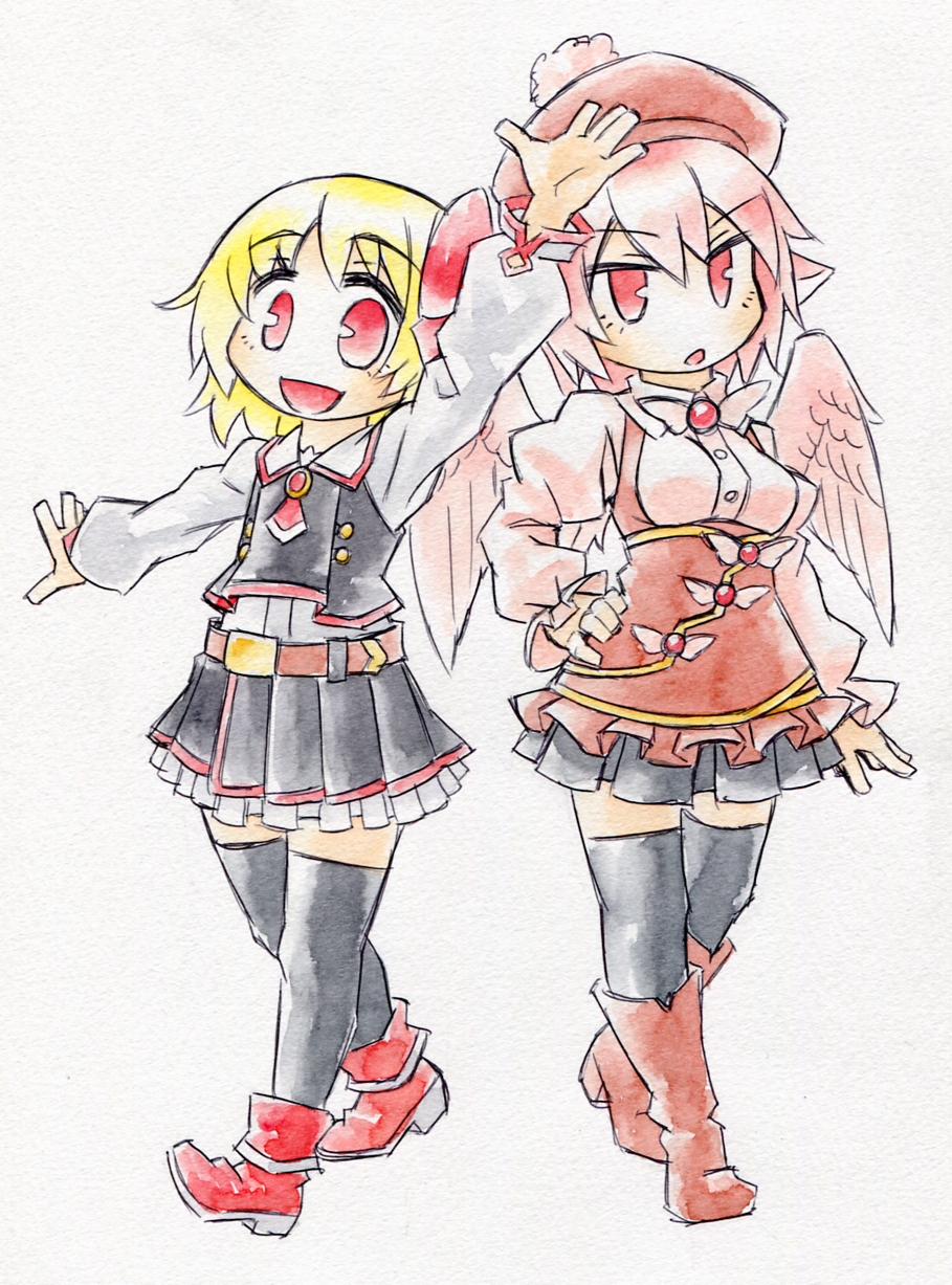 adapted_costume animal_ears blonde_hair boots bow dress hair_ribbon hand_on_hip hat highres kawachi_koorogi marker_(medium) multiple_girls mystia_lorelei open_mouth pink_hair red_eyes ribbon rumia short_hair simple_background thighhighs touhou traditional_media wings