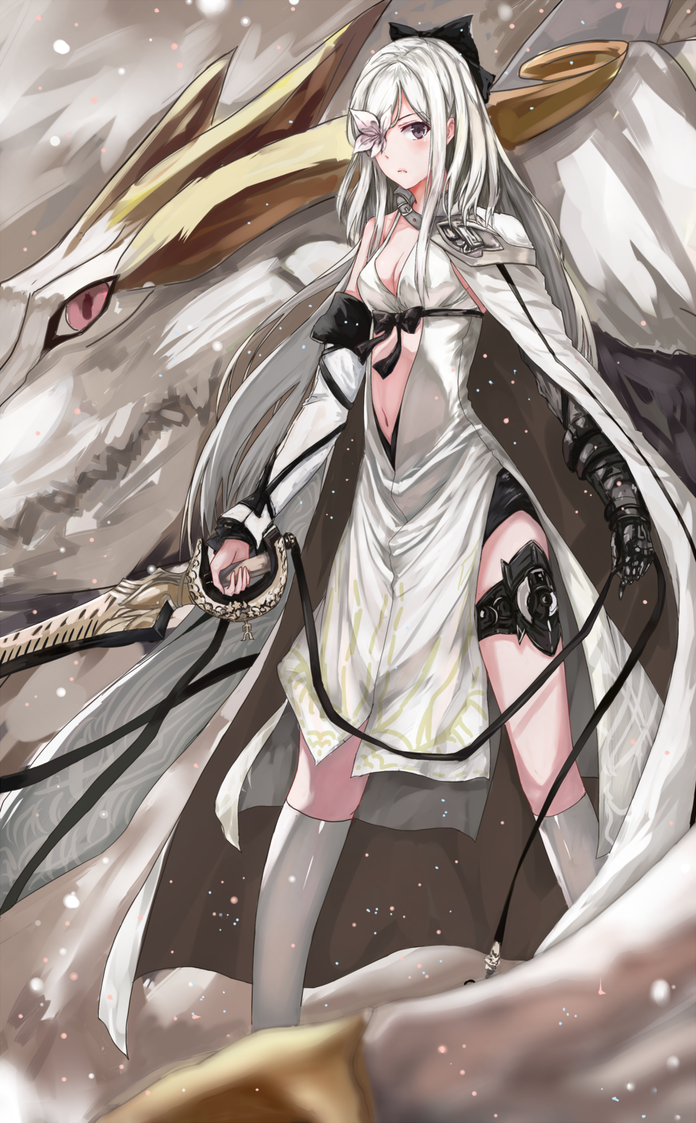 bad_id bad_pixiv_id bare_shoulders bow breasts cleavage drag-on_dragoon drag-on_dragoon_3 dragon dress echj flower flower_eyepatch gauntlets hair_bow highres long_hair mikhail_(drag-on_dragoon) navel purple_eyes small_breasts solo sword weapon white_hair zero_(drag-on_dragoon)
