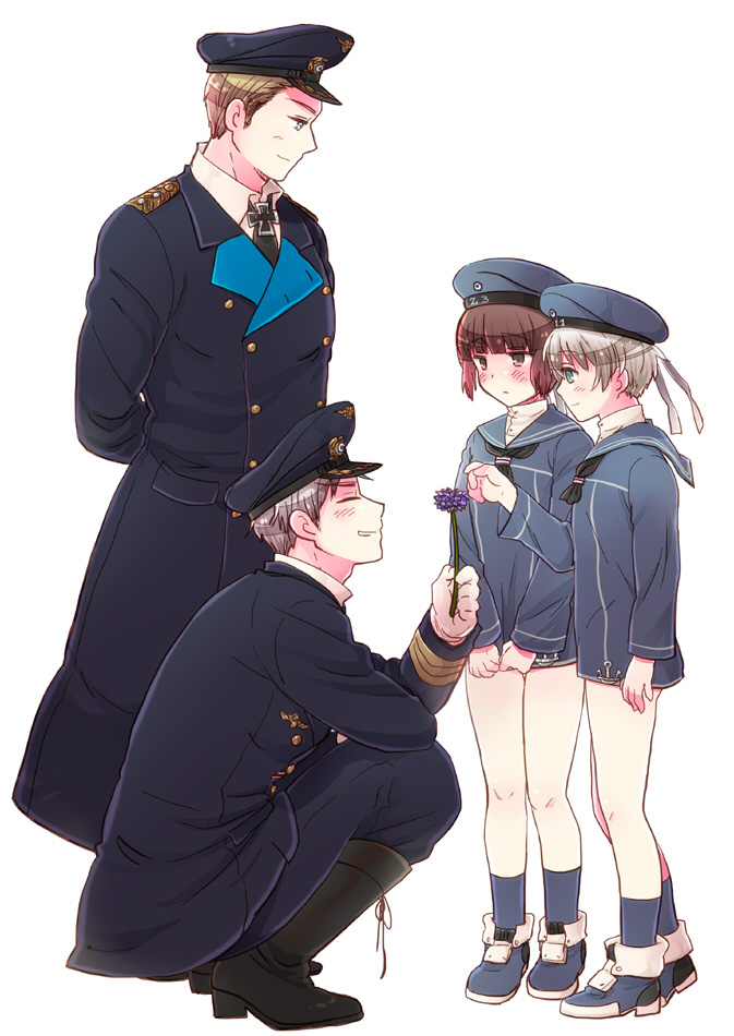2girls axis_powers_hetalia blonde_hair blue_eyes blush brown_eyes brown_hair closed_eyes clothes_writing coat commentary crossover double-breasted dress epaulettes flower germany_(hetalia) green_eyes hat himaruya_hidekazu_(style) holding iron_cross kantai_collection kuro looking_at_another military military_uniform multiple_boys multiple_girls official_style prussia_(hetalia) reaching sailor_dress sailor_hat short_hair silver_hair simple_background smile squatting uniform white_background z1_leberecht_maass_(kantai_collection) z3_max_schultz_(kantai_collection)