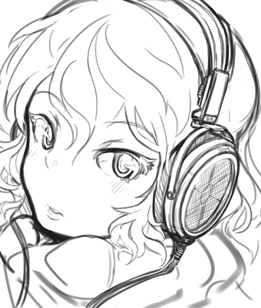 arceonn cable commentary face greyscale headphones monochrome original short_hair sketch solo stax