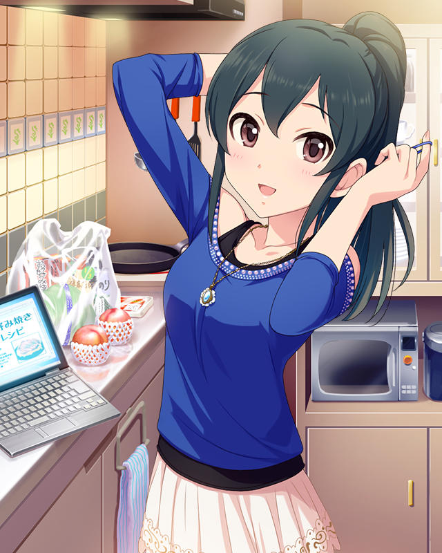 :d alternate_hairstyle artist_request black_hair brown_hair computer idolmaster idolmaster_cinderella_girls jewelry laptop necklace official_art ooishi_izumi open_mouth ponytail smile solo