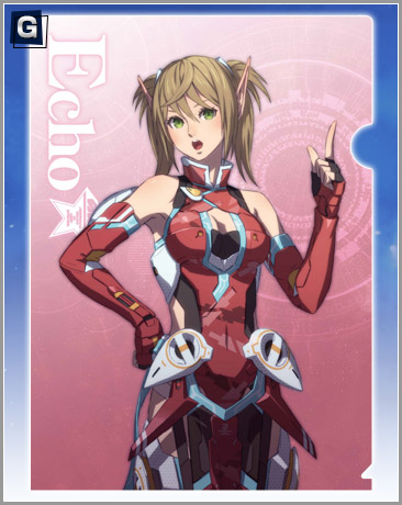 artist_request character_name echo_(pso2) green_eyes hair_between_eyes index_finger_raised light_brown_hair lowres phantasy_star phantasy_star_online_2 pointy_ears solo source_request