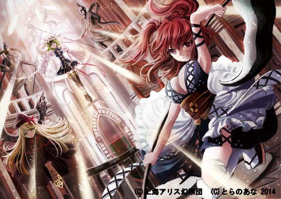 armlet blonde_hair blue_dress breasts church cleavage dress fairy floating green_hair hair_bobbles hair_ornament hat holding holding_weapon indoors large_breasts light_rays lily_black lily_white long_hair looking_at_viewer mob_cap multiple_girls onozuka_komachi polearm red_eyes red_hair ribbon rod_of_remorse scythe shiki_eiki short_hair skirt smile thigh_gap thighhighs touhou two_side_up urabe_michiru weapon wings zettai_ryouiki