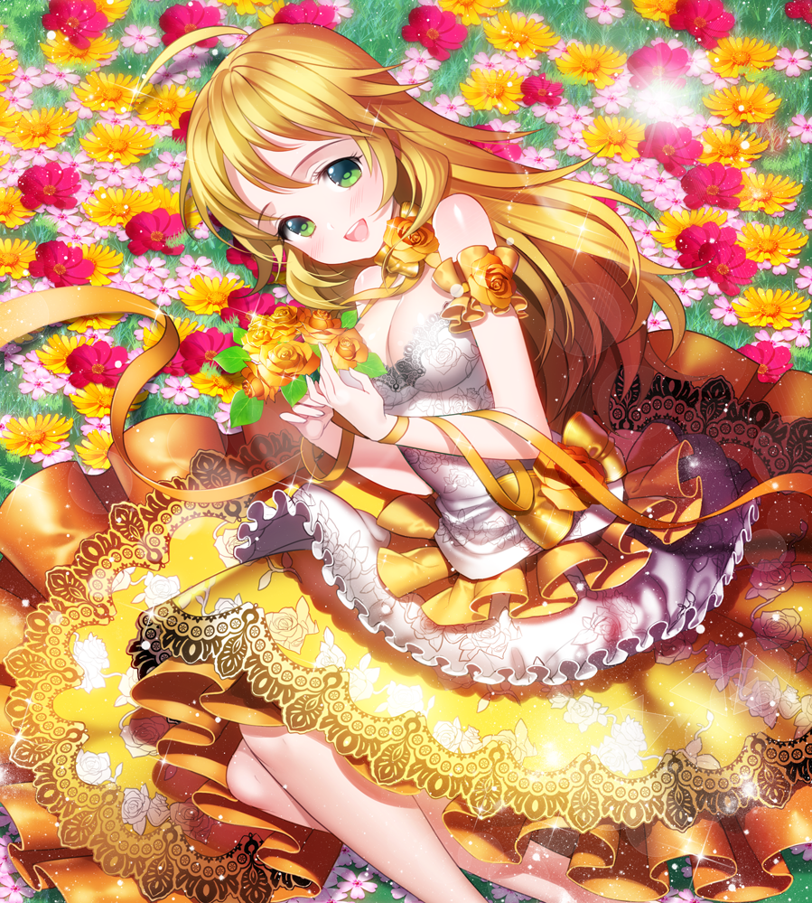 :d ahoge aile_(crossroads) bare_shoulders blonde_hair breasts cleavage dress eyelashes flower grass green_eyes hoshii_miki idolmaster idolmaster_(classic) long_hair medium_breasts open_mouth ribbon smile solo