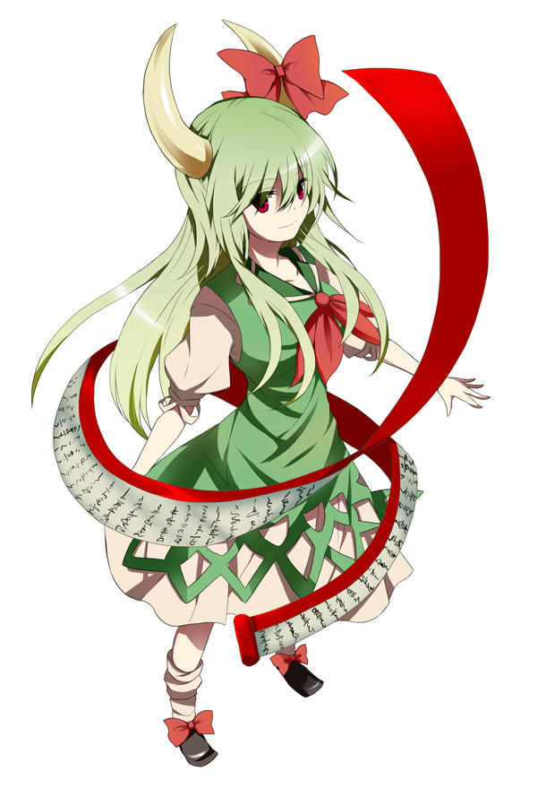 bad_id bad_pixiv_id bow dress ex-keine green_hair horns kamishirasawa_keine long_hair looking_at_viewer nakukoroni red_eyes scroll simple_background smile solo touhou white_background