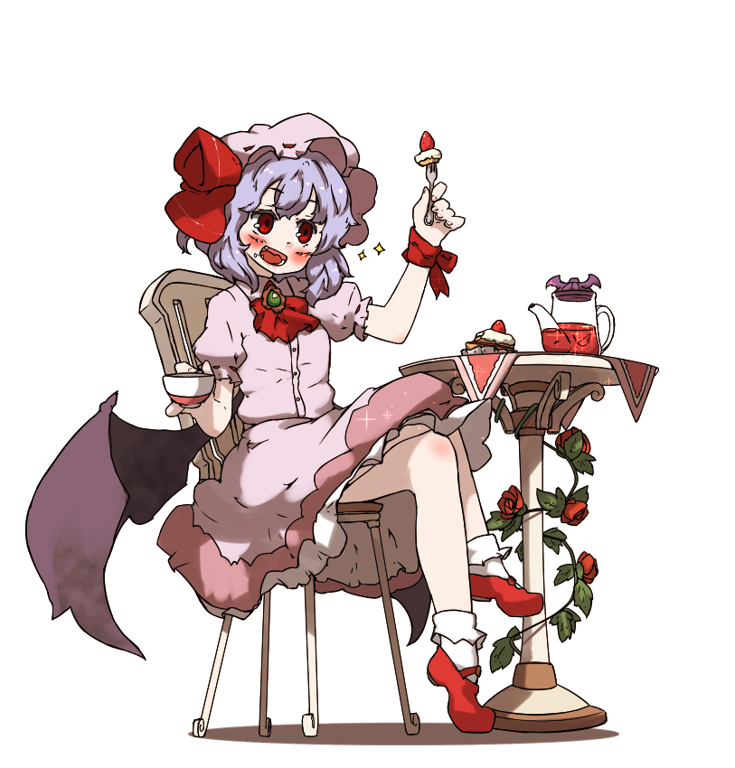 amonitto arm_up ascot bat_wings brooch cake chair cup dress fang flower food food_on_face fork full_body hat hat_ribbon jewelry mob_cap open_mouth pink_dress plant puffy_sleeves red_eyes red_flower red_footwear red_rose remilia_scarlet ribbon rose shoes short_sleeves simple_background sitting smile solo sparkle strawberry_shortcake table teacup teapot touhou vines white_background wings wrist_ribbon
