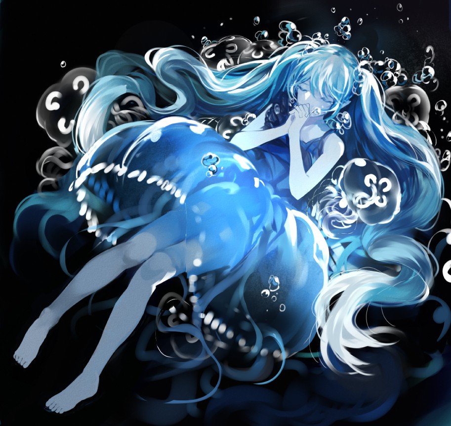 aqua_hair bare_legs bare_shoulders barefoot bubble bubble_skirt closed_eyes dress hands_clasped hands_together hatsune_miku jellyfish long_hair own_hands_together ran_(pixiv2957827) skirt solo submerged twintails underwater very_long_hair vocaloid water