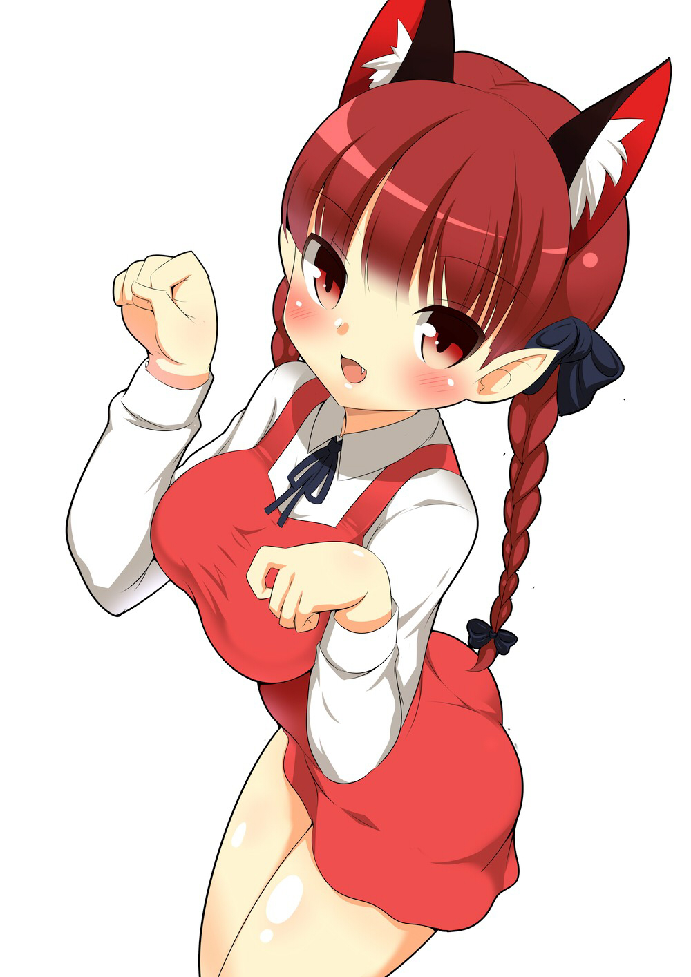 alternate_costume animal_ears apron bare_legs black_hat bow braid breasts cat_ears extra_ears fang hair_bow hat highres kaenbyou_rin kyokutou_hentai_samurai large_breasts looking_at_viewer open_mouth paw_pose pointy_ears red_eyes red_hair school_uniform simple_background smile solo standing touhou twin_braids twintails white_background