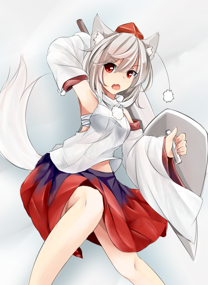 animal_ears armpits bare_shoulders breasts detached_sleeves hat inubashiri_momiji looking_at_viewer nano_(ex925868312) navel pom_pom_(clothes) red_eyes sarashi shield short_hair silver_hair skirt small_breasts solo sword tail tokin_hat touhou weapon wolf_ears wolf_tail