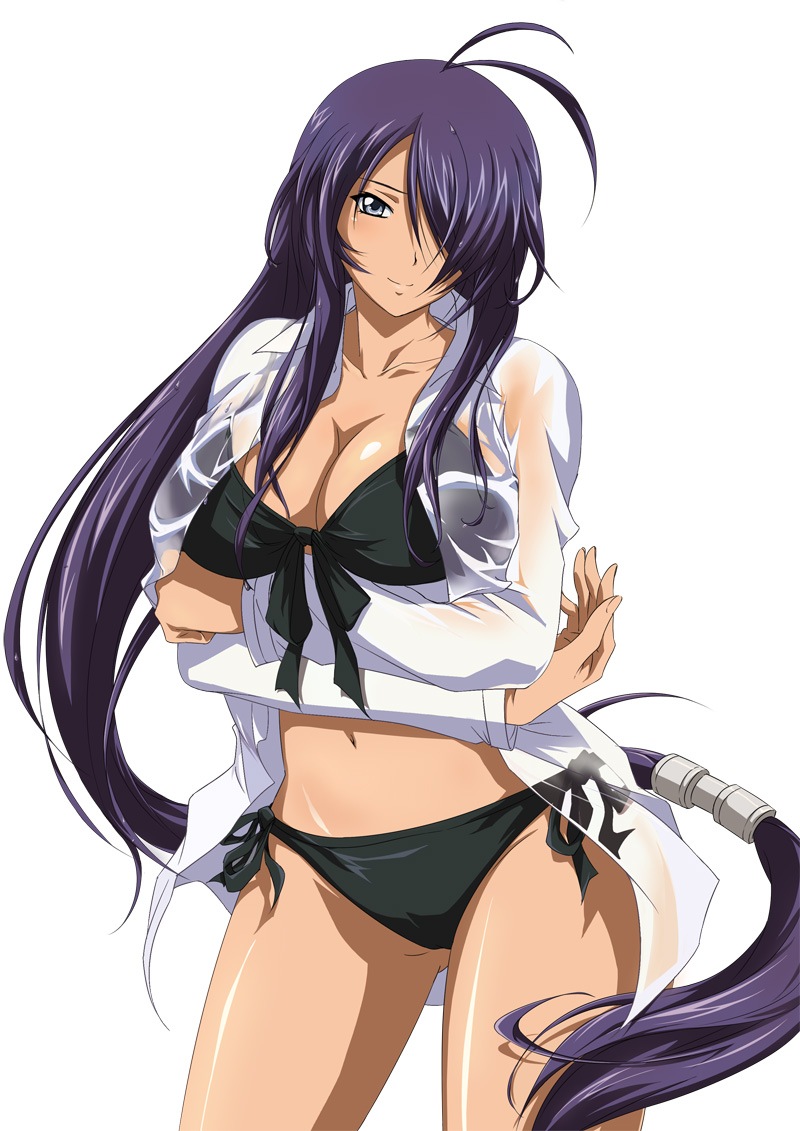 bikini black_bikini breasts cleavage collarbone crossed_arms hair_over_one_eye ikkitousen kan'u_unchou large_breasts long_hair looking_at_viewer low-tied_long_hair navel open_clothes open_shirt purple_hair see-through shiny shiny_skin shirt side-tie_bikini simple_background smile solo swimsuit very_long_hair wet wet_clothes wet_shirt white_background white_shirt