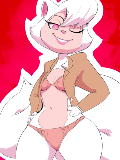 anthro big_tail blazer bra cat cats_don't_dance cats_don't_dance clothed clothing feline female fluffy_tail fur hair half-dressed hands_on_hips jacket mammal one_eye_closed panties pink_eyes pink_skin plain_background red_background sawyer simple_background smile solo sunibee underwear white_fur white_hair wide_hips wink