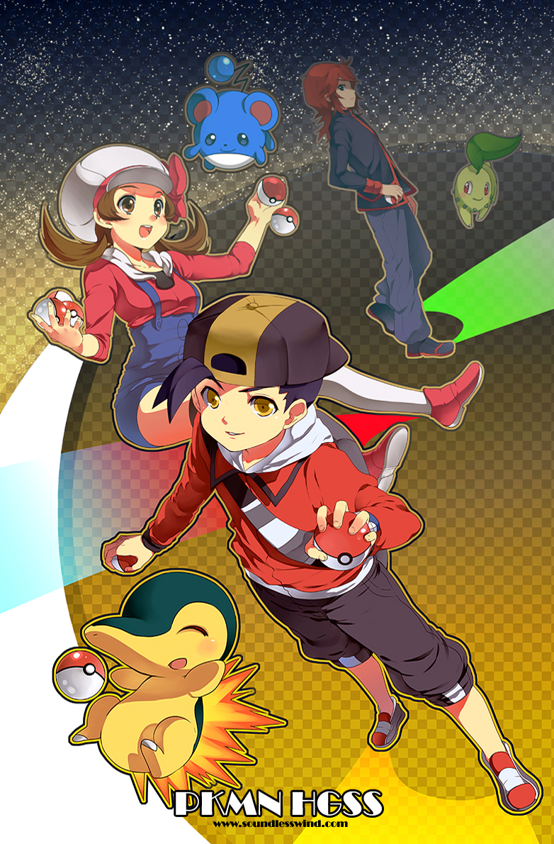 1girl 2boys :d backwards_hat baseball_cap black_eyes black_hair breasts brown_eyes brown_hair checkered checkered_background chikorita closed_mouth commentary creature creatures_(company) cyndaquil english_commentary eyes_closed full_body game_freak gen_2_pokemon gold_(pokemon) happy hat holding holding_poke_ball kaze-hime kotone_(pokemon) long_sleeves marill multiple_boys nintendo open_mouth overalls pants poke_ball poke_ball_(generic) pokemon pokemon_(creature) pokemon_(game) pokemon_hgss red_eyes shoes silver_(pokemon) small_breasts smile twintails watermark web_address white_hat yellow_eyes