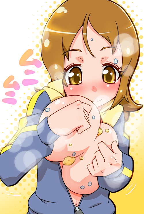 1girl artist_request blush breasts breasts_out breasts_outside brown_hair female food happinesscharge_precure! iruka-margarine large_breasts navel oomori_yuuko precure sexually_suggestive smile solo steam sweat track_suit unzipped