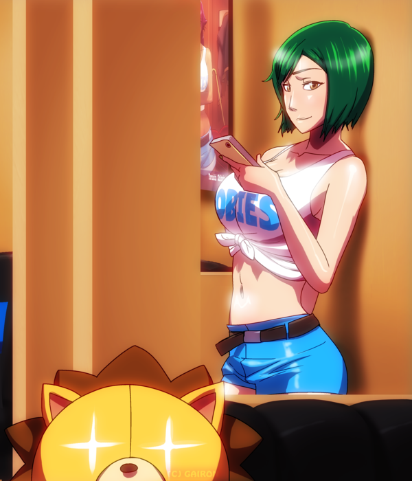 1girl against_wall alternate_breast_size bad_deviantart_id bad_id bleach brand_name_imitation breasts brown_eyes cellphone cleavage clothes_writing employee_uniform front-tie_top gairon green_hair hooters kon kujou_nozomi large_breasts midriff navel phone shiny shiny_skin shirt short_shorts shorts smartphone smile solo_focus stuffed_animal stuffed_lion stuffed_toy tied_shirt uniform waitress watermark
