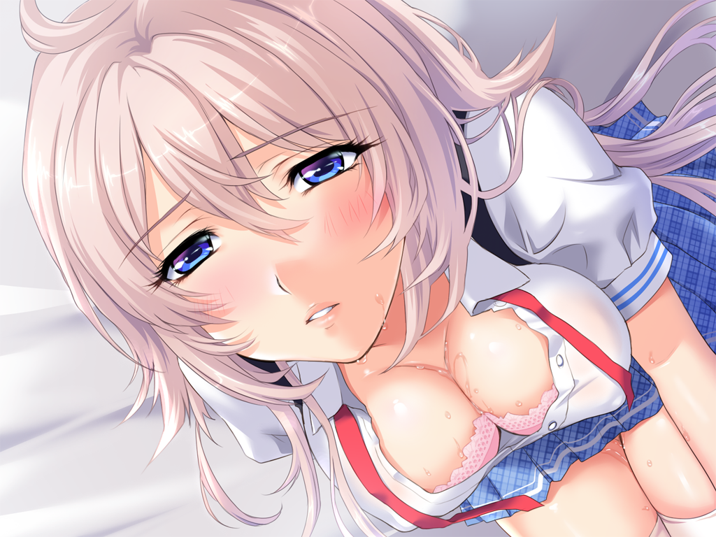 1girl bed blue_eyes blush bra breasts cleavage game_cg highres large_breasts legs long_hair looking_at_viewer mochizuki_nozomu ole-m pink_hair saimin_class school_uniform sitting skirt solo sweat thighs underwear