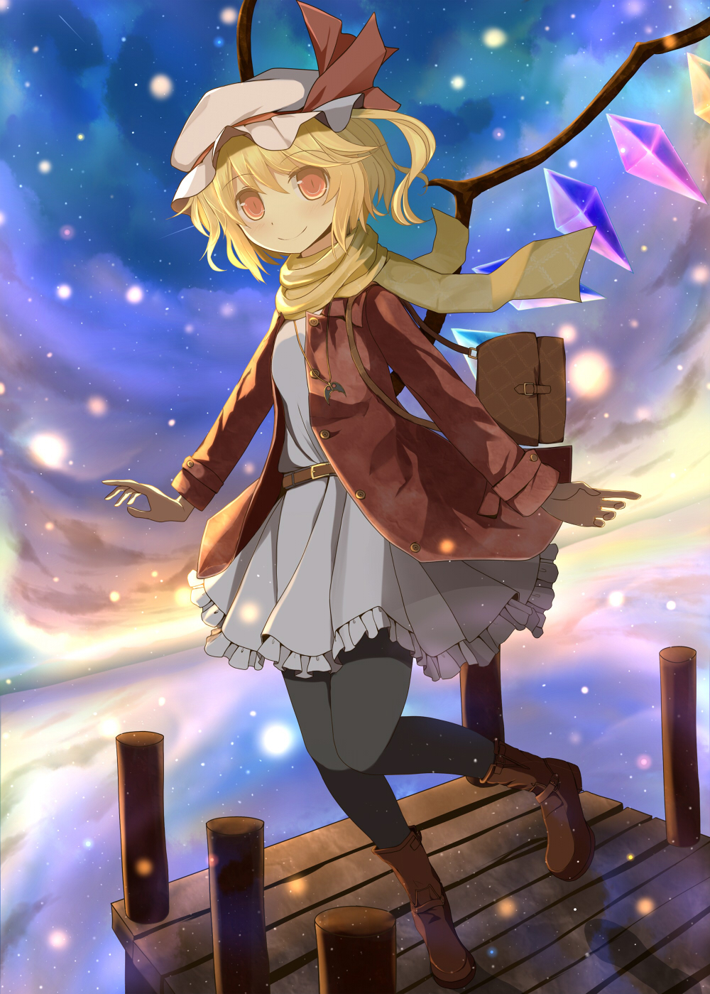 alternate_costume bag belt black_legwear blonde_hair boots bunchou_(bunchou3103) cloud cloudy_sky flandre_scarlet full_body hat hat_ribbon highres jacket mob_cap open_clothes open_jacket pantyhose pier red_eyes reflection ribbon scarf shoulder_bag side_ponytail sky smile snowing solo sunset touhou white_background wings winter winter_clothes