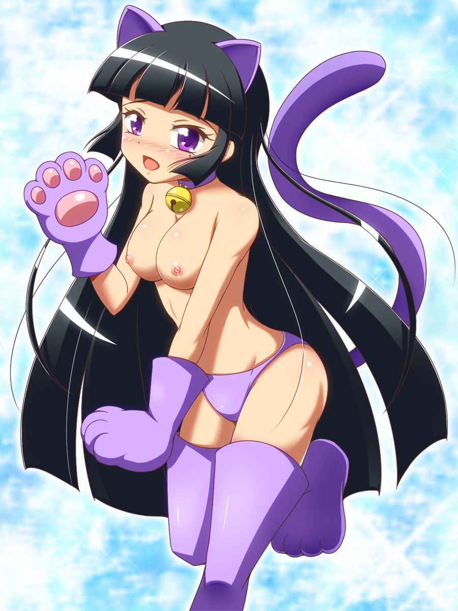 1girl ageha_(sister_quest) animal_ears bell bell_collar black_hair blush breasts cat_ears cat_paws cat_tail collar female gloves hime_cut long_hair mole nipples open_mouth panties paw_gloves paws purple_eyes sister_quest solo tail takappe thighhighs topless underwear