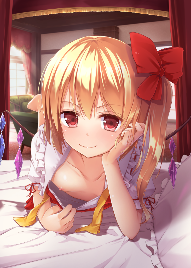 arm_support barefoot bed blonde_hair bow canopy_bed collarbone couch curtains downblouse extended_downblouse flandre_scarlet flat_chest hair_bow legs_up looking_at_viewer lying naughty_face nipples on_bed on_stomach one_side_up ouka_(ra-raradan) pillow pink_eyes puffy_sleeves ribbon shirt_pull short_sleeves smile solo touhou window wings